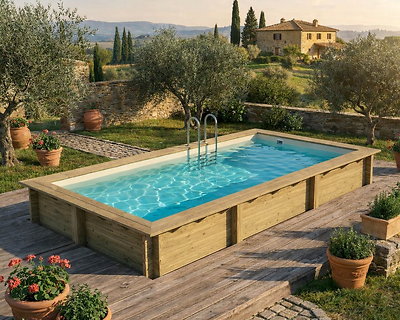 Piscine bois Altanka AQUA rectangulaire 6,1 x 2,85m H 1,31m liner sable, pose sur dalle