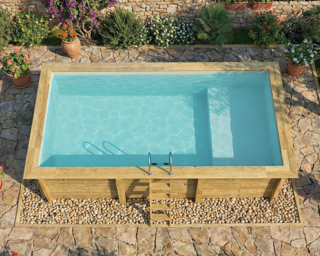 Piscine bois Altanka AQUA rectangulaire avec plage 6,1 x 2,85m H 1,31m liner sable, pose sur dalle