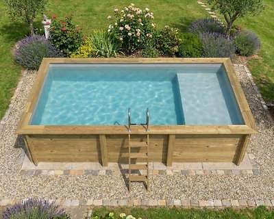 Piscine bois Altanka AQUA rectangulaire avec plage 6,1 x 2,85m H 1,31m liner gris, pose sur dalle