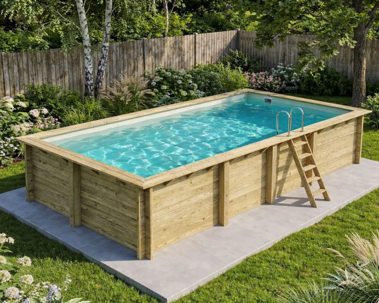 Piscine bois Altanka AQUA rectangulaire 7,0 x 3,75m H 1,45m liner sable, ancrage beton
