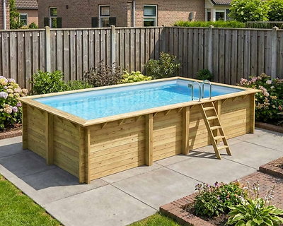 Piscine bois Altanka AQUA rectangulaire 7,0 x 3,75m H 1,45m liner gris, ancrage béton