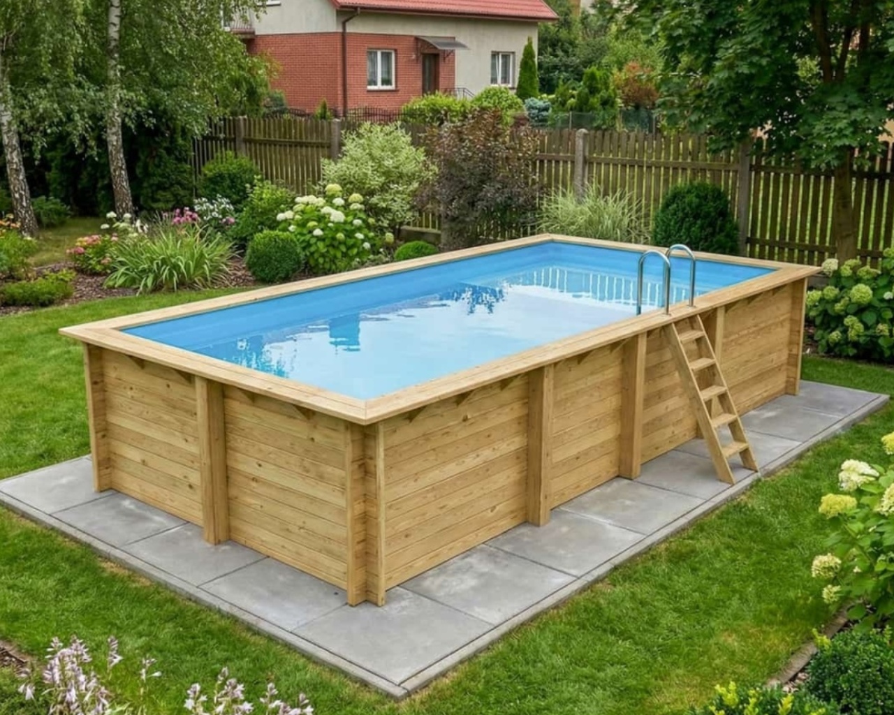 Piscine bois Altanka AQUA rectangulaire avec plage 7,0 x 3,75m H 1,45m liner bleu, ancrage beton