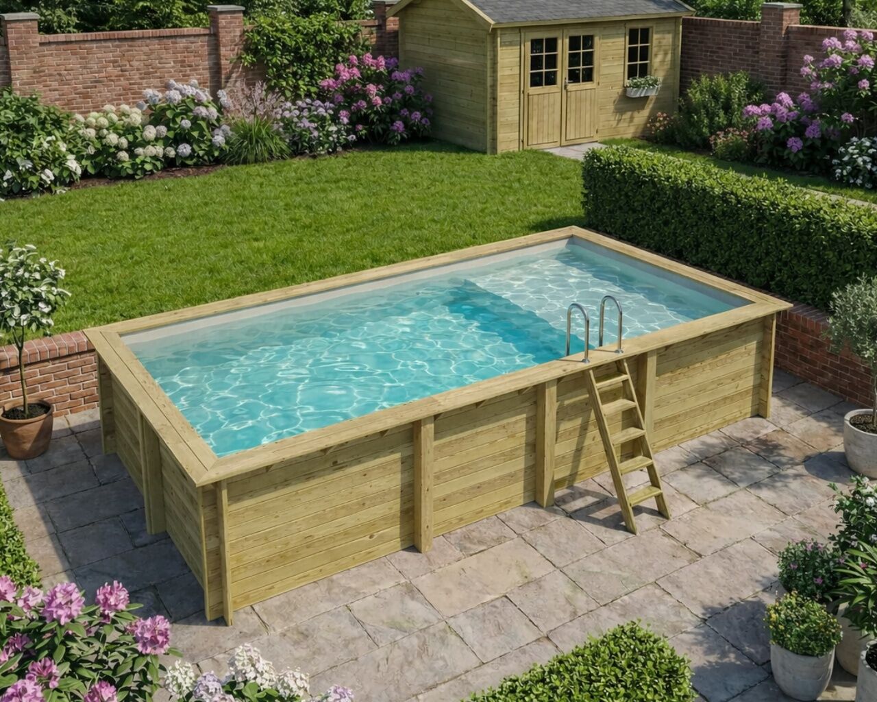 Piscine bois Altanka AQUA rectangulaire avec plage 7,0 x 3,75m H 1,45m liner gris, ancrage beton