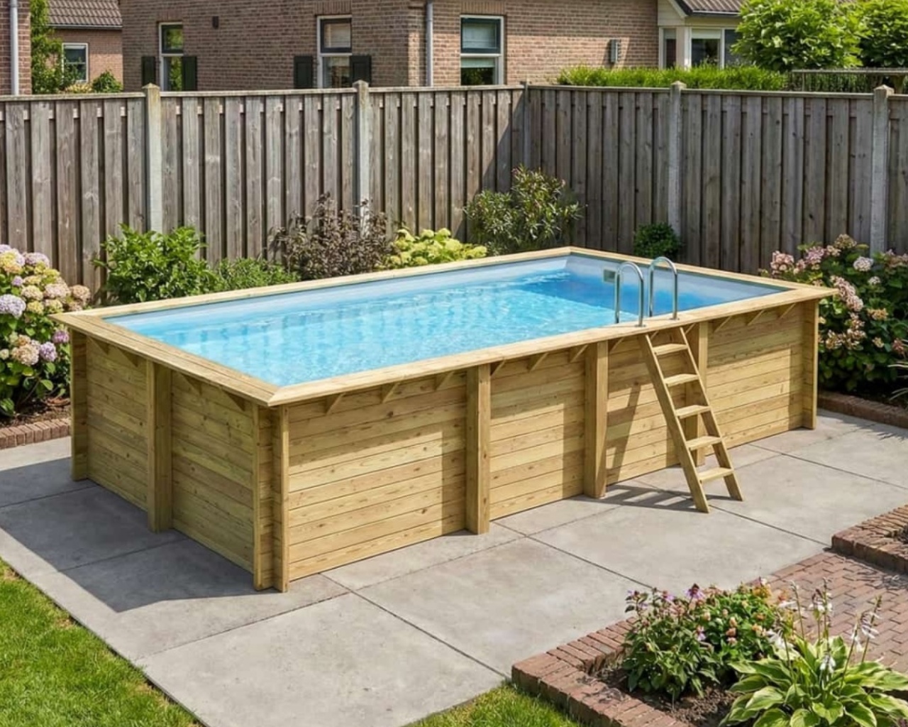 Piscine bois Altanka AQUA rectangulaire 7,0 x 3,75m H 1,45m liner gris, pose sur dalle