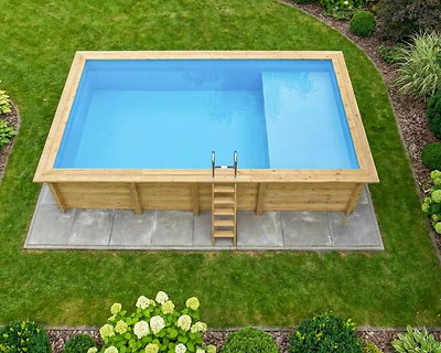 Piscine bois Altanka AQUA rectangulaire avec plage 7,0 x 3,75m H 1,45m liner bleu, pose sur dalle
