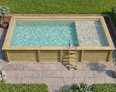 Piscine bois Altanka AQUA rectangulaire avec plage 7,0 x 3,75m H 1,45m liner sable, pose sur dalle