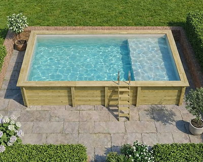 Piscine bois Altanka AQUA rectangulaire avec plage 7,0 x 3,75m H 1,45m liner gris, pose sur dalle