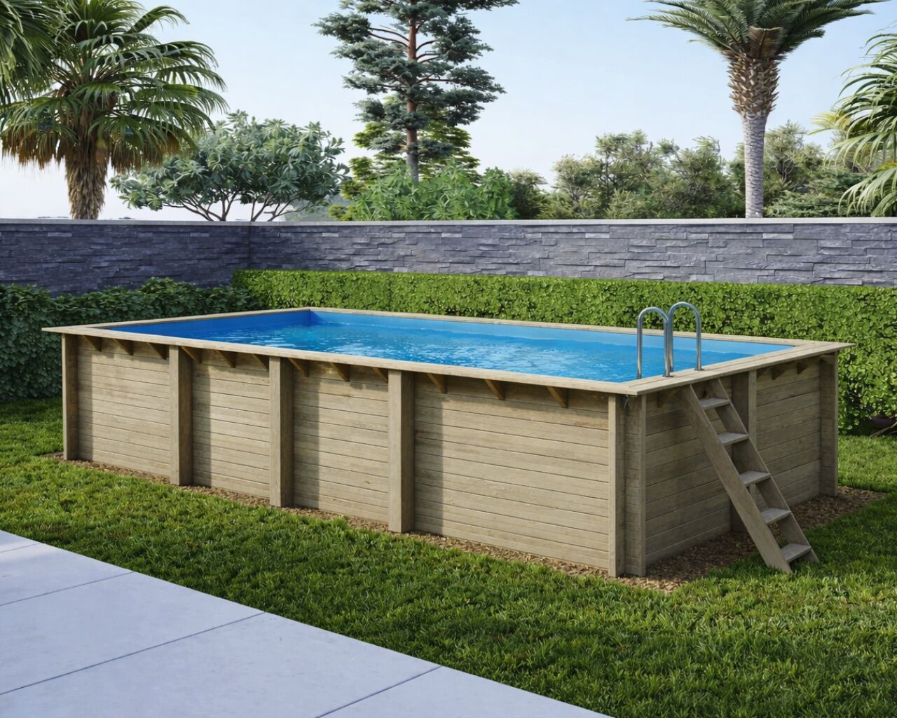 Piscine bois Altanka AQUA rectangulaire 7,0 x 3,75m H 1,45m liner bleu, sans dalle beton