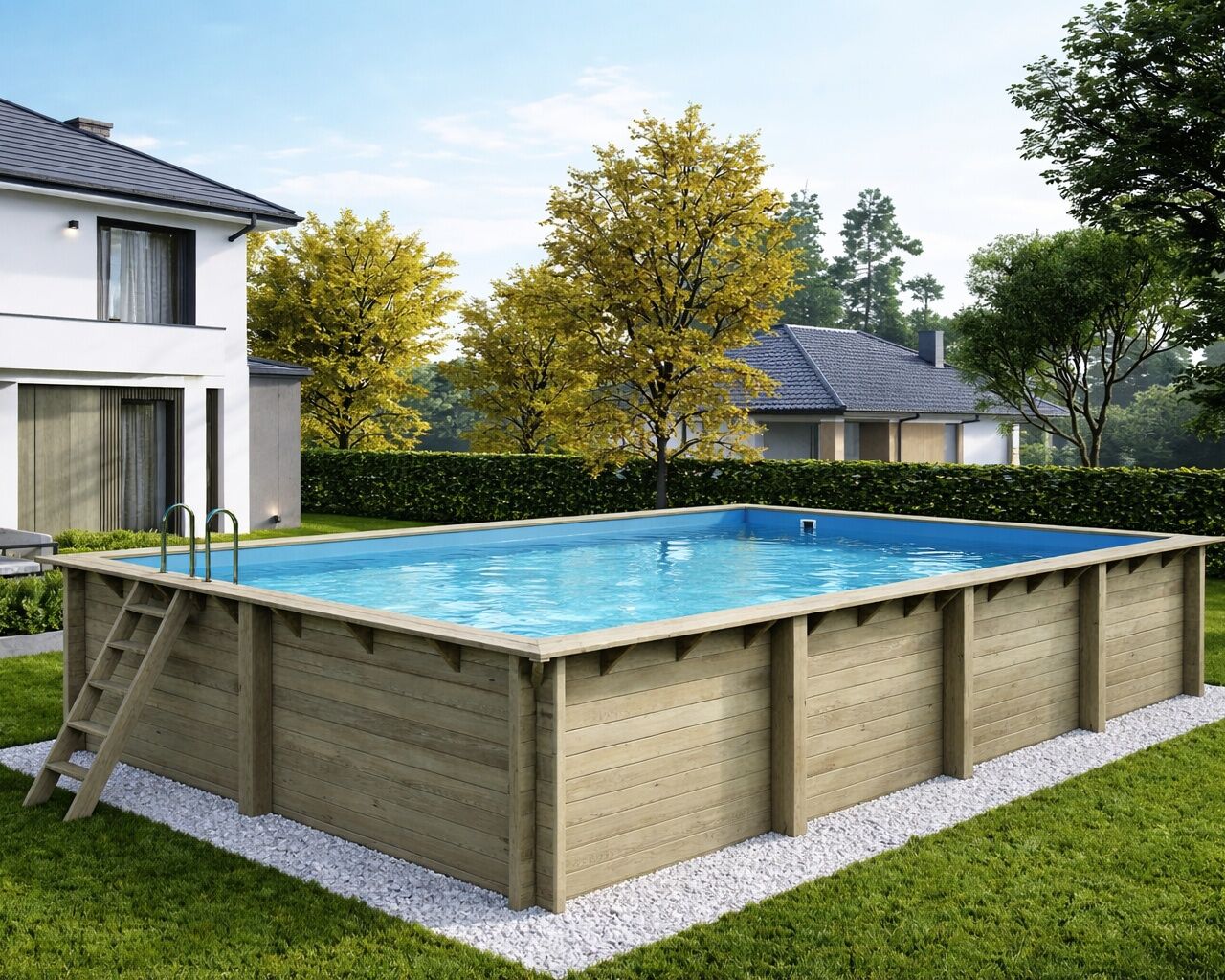 Piscine bois Altanka AQUA rectangulaire 8,5 x 4,35m H 1,45m liner bleu, ancrage beton
