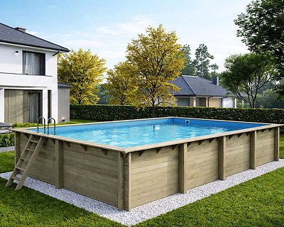 Piscine bois Altanka AQUA rectangulaire 8,5 x 4,35m H 1,45m liner bleu, ancrage béton
