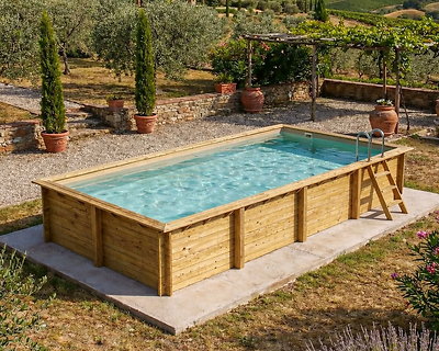 Piscine bois Altanka AQUA rectangulaire 8,5 x 4,35m H 1,45m liner sable, ancrage béton