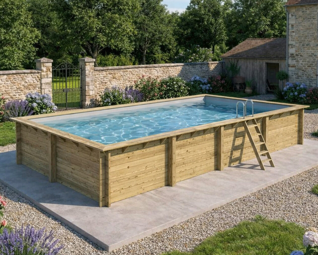 Piscine bois Altanka AQUA rectangulaire 8,5 x 4,35m H 1,45m liner gris, ancrage beton