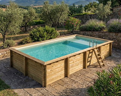 Piscine bois Altanka AQUA rectangulaire avec plage 8,5 x 4,35m H 1,45m liner sable, ancrage béton