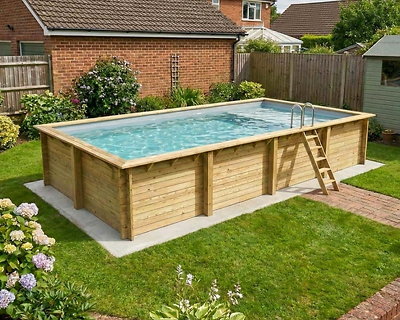 Piscine bois Altanka AQUA rectangulaire avec plage 8,5 x 4,35m H 1,45m liner gris, ancrage béton