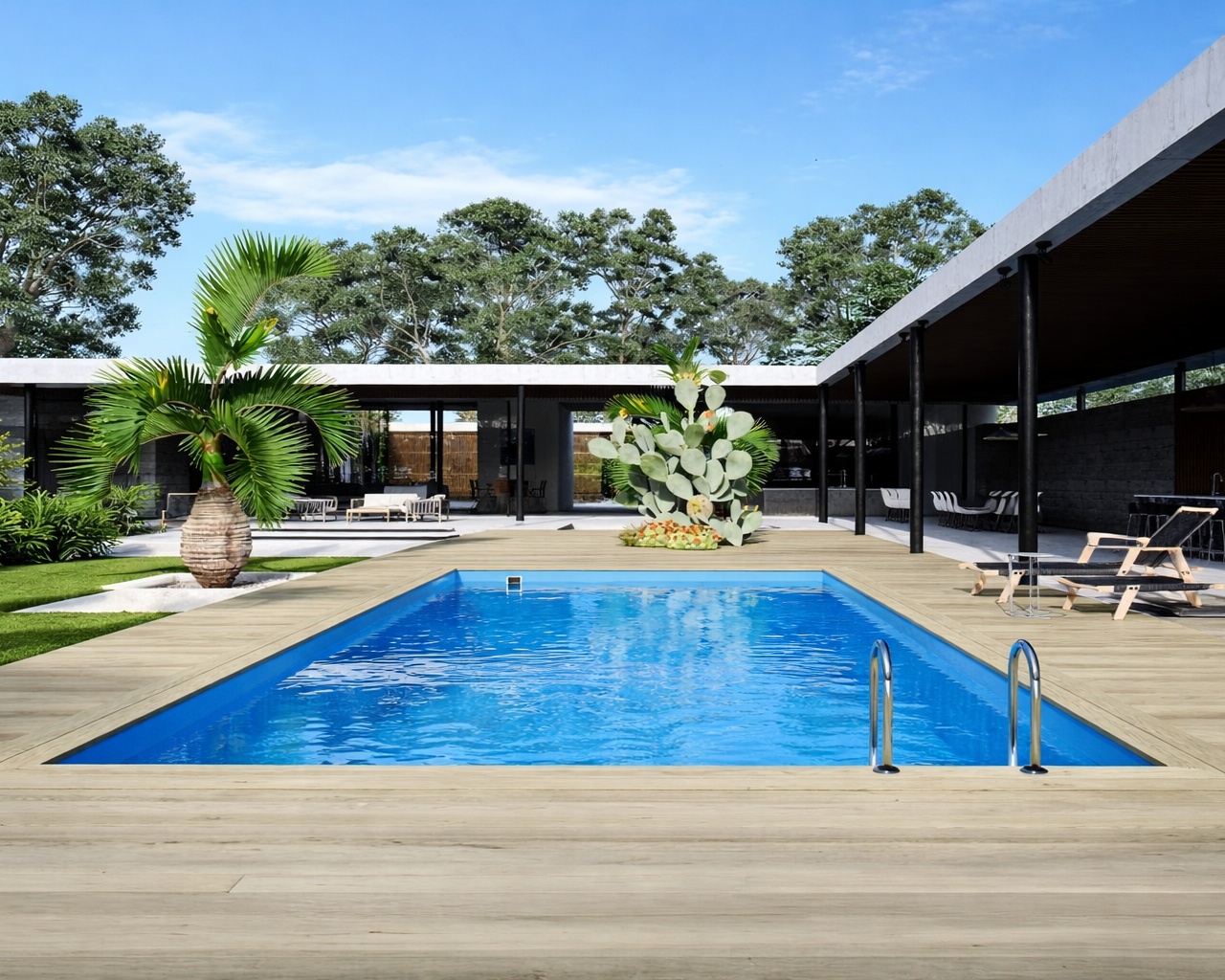 Piscine bois Altanka AQUA rectangulaire 8,5 x 4,35m H 1,45m liner bleu, pose sur dalle