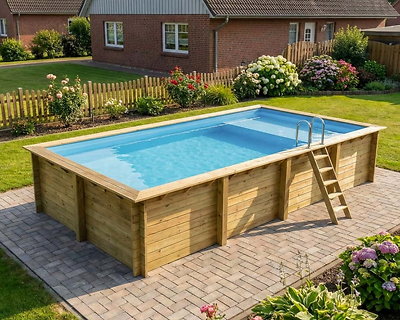 Piscine bois Altanka AQUA rectangulaire avec plage 8,5 x 4,35m H 1,45m liner bleu, pose sur dalle