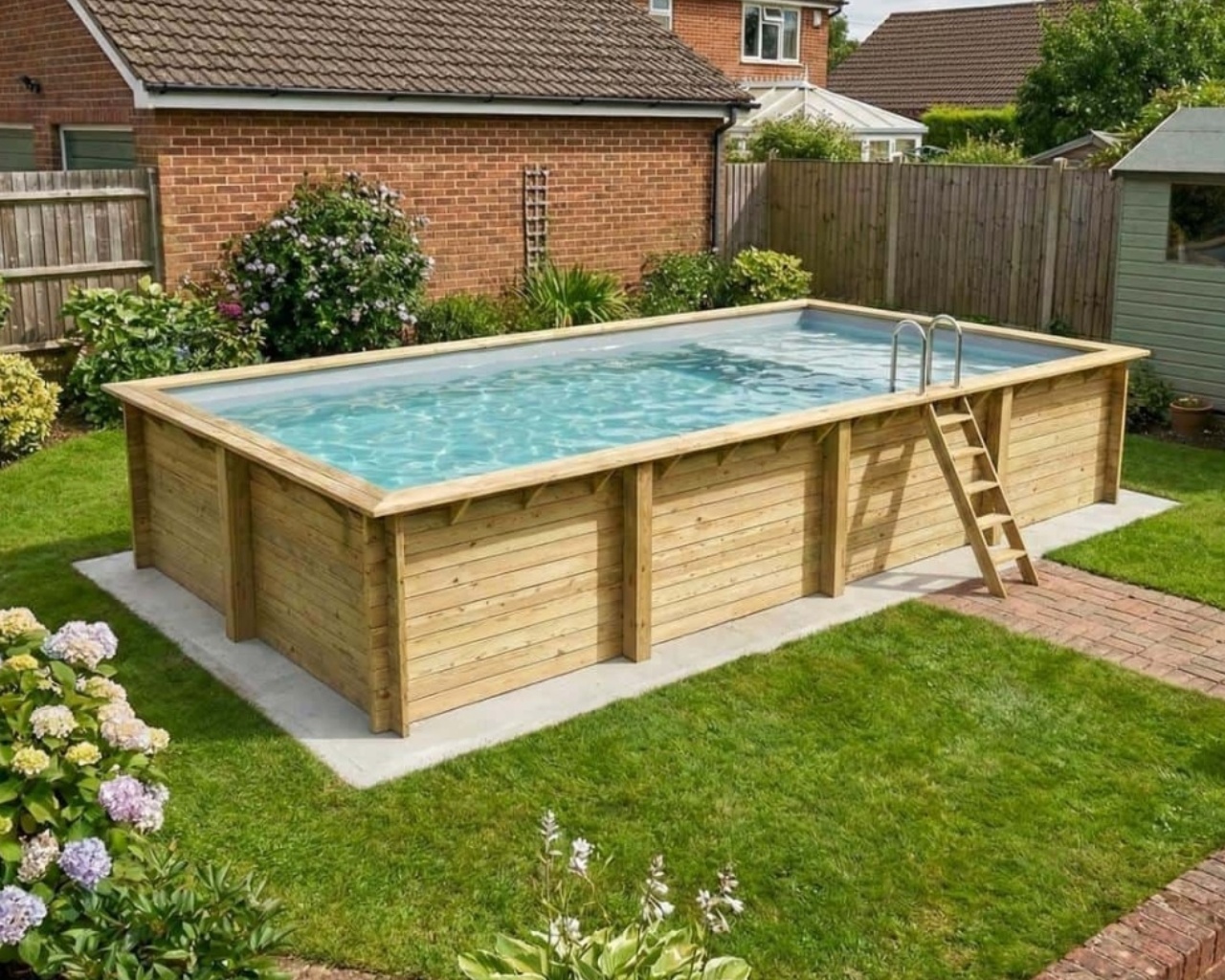 Piscine bois Altanka AQUA rectangulaire avec plage 8,5 x 4,35m H 1,45m liner gris, pose sur dalle