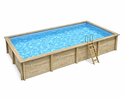 Piscine bois Altanka AQUA rectangulaire 8,5 x 4,35m H 1,45m liner bleu, sans dalle béton