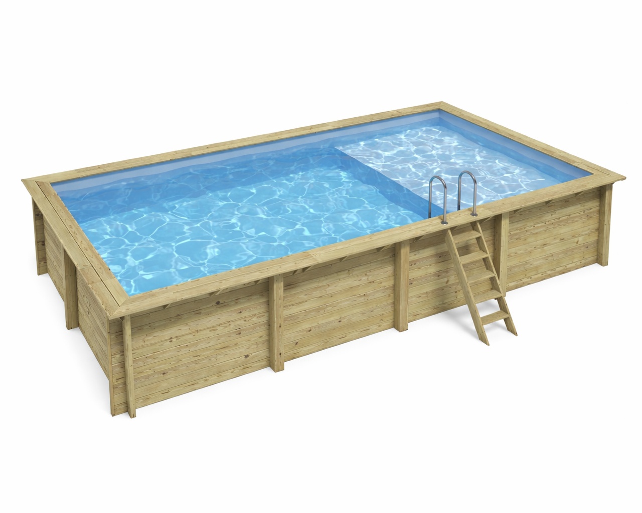 Piscine bois Altanka AQUA rectangulaire avec plage 8,5 x 4,35m H 1,45m liner bleu, sans dalle beton