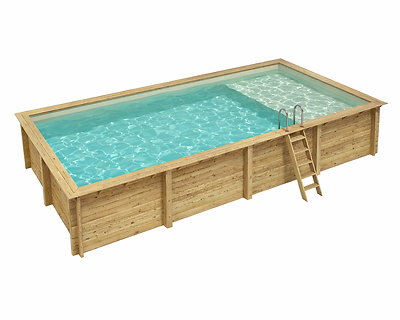 Piscine bois Altanka AQUA rectangulaire avec plage 8,5 x 4,35m H 1,45m liner sable, sans dalle béton