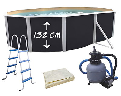 Piscine hors-sol acier Toi ANTHRACITE MAGNUM COMPACT ovale 550x366cm H 132cm liner sable
