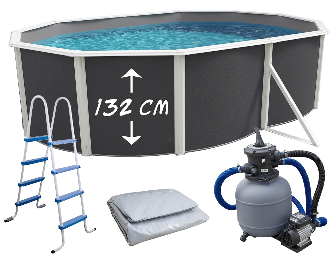 Piscine hors-sol acier TOI ANTHRACITE MAGNUM COMPACT ovale 550x366 H 132cm line gris
