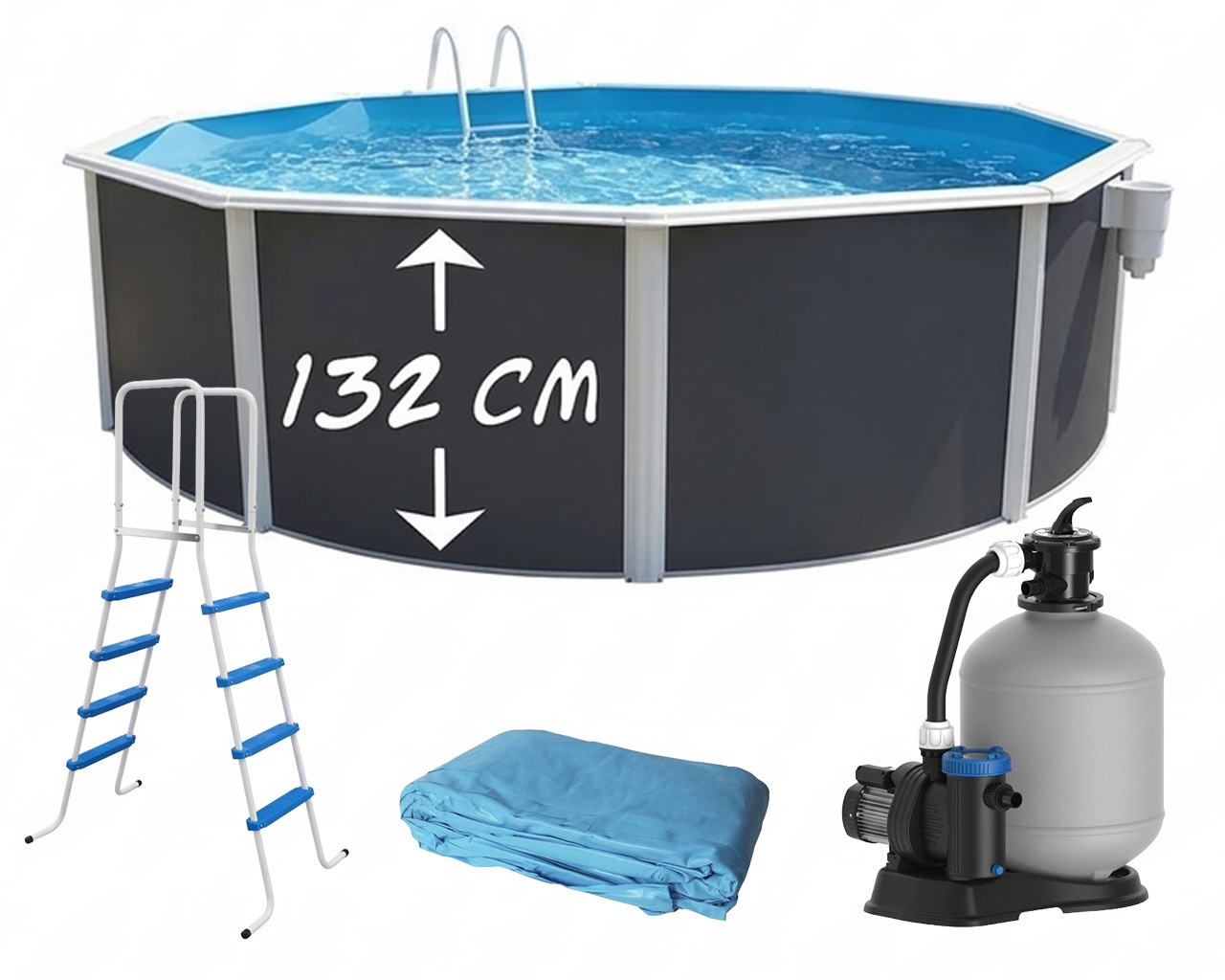 Piscine hors-sol acier Toi ANTHRACITE MAGNUM ronde Ø 460cm H 132cm liner bleu