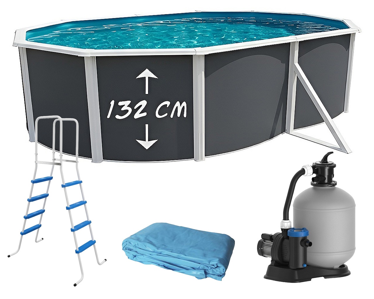 Piscine hors-sol acier Toi ANTHRACITE MAGNUM ovale 550 x 366cm H 132cm liner bleu