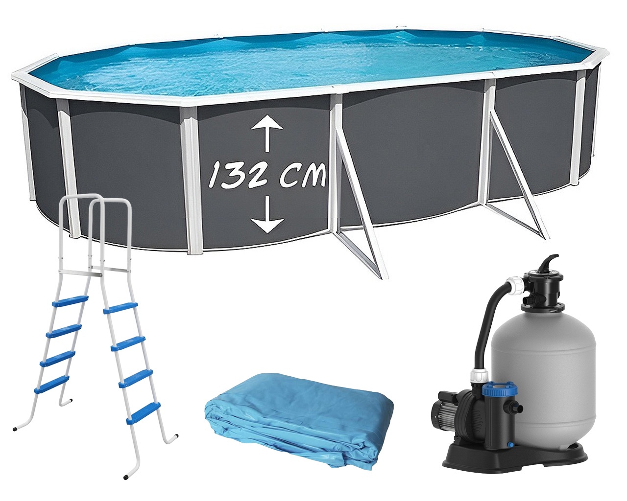 Piscine hors-sol acier Toi ANTHRACITE MAGNUM ovale 640 x 366cm H 132cm liner bleu