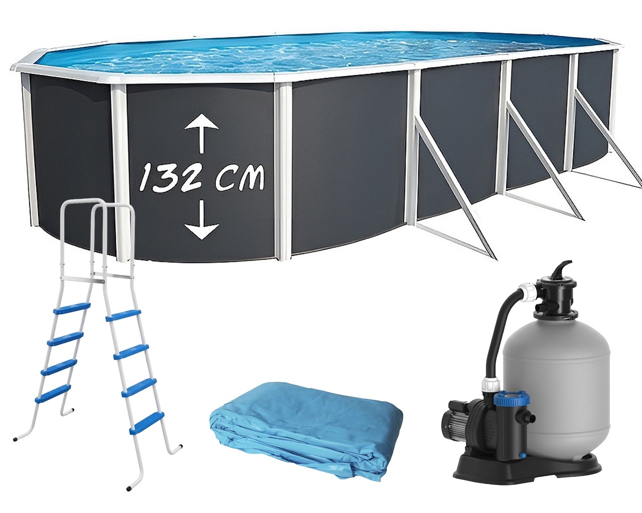 Piscine hors-sol acier Toi ANTHRACITE MAGNUM ovale 915 x 457cm H 132cm liner bleu