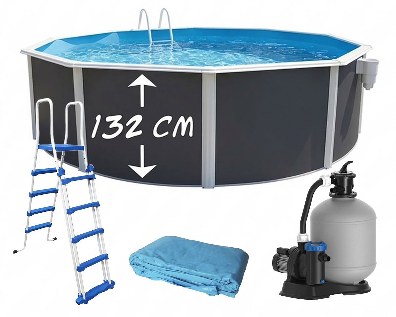 Piscine hors-sol acier Toi ANTHRACITE MAGNUM Secu ronde Ø 350cm H 132cm liner bleu