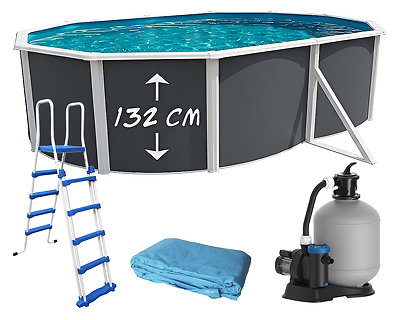 Piscine hors-sol acier Toi ANTHRACITE MAGNUM Secu ovale 550 x 366cm H 132cm liner bleu