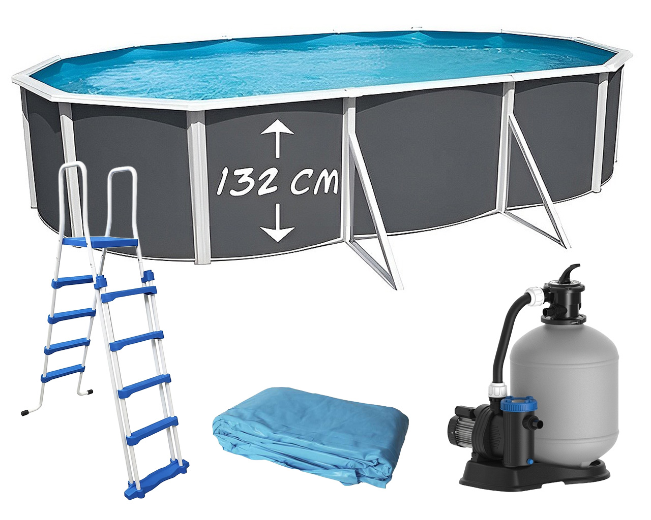 Piscine hors-sol acier Toi ANTHRACITE MAGNUM Secu ovale 640 x 366cm H 132cm liner bleu