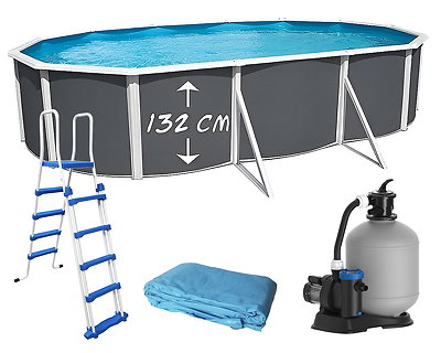 Piscine hors-sol acier Toi ANTHRACITE MAGNUM Secu ovale 640 x 366cm H 132cm liner bleu