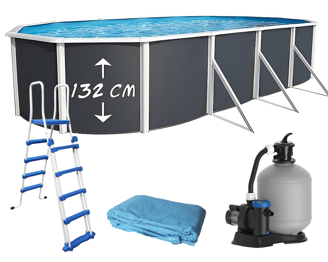 Piscine hors-sol acier Toi ANTHRACITE MAGNUM Secu ovale 915 x 457cm H 132cm liner bleu