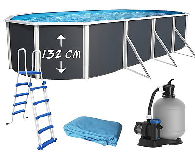 Piscine hors-sol acier Toi ANTHRACITE MAGNUM Secu ovale 915 x 457cm H 132cm liner bleu