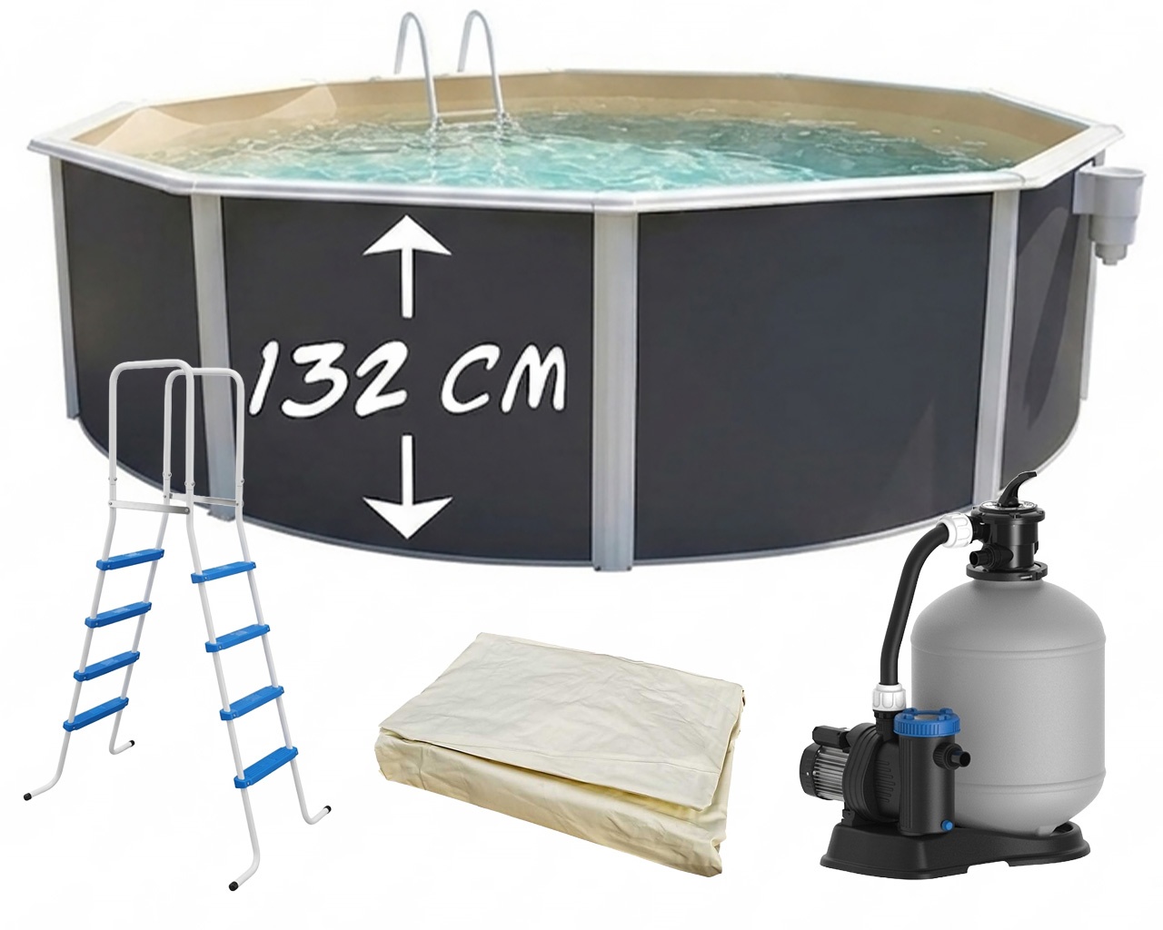 Piscine hors-sol acier Toi ANTHRACITE MAGNUM ronde Ø 460cm H 132cm liner sable