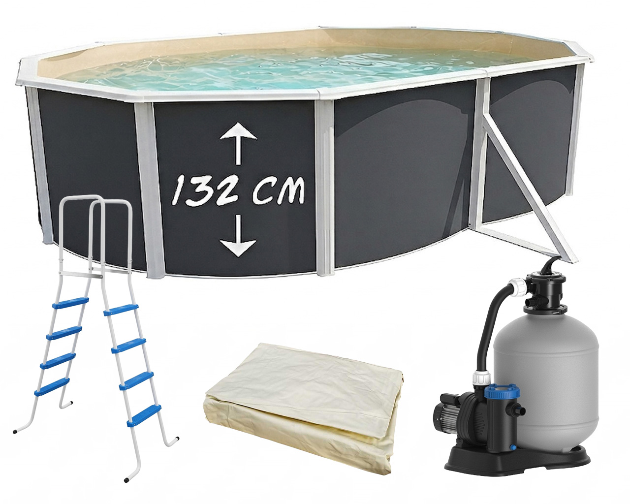 Piscine hors-sol acier Toi ANTHRACITE MAGNUM ovale 550 x 366cm H 132cm liner sable