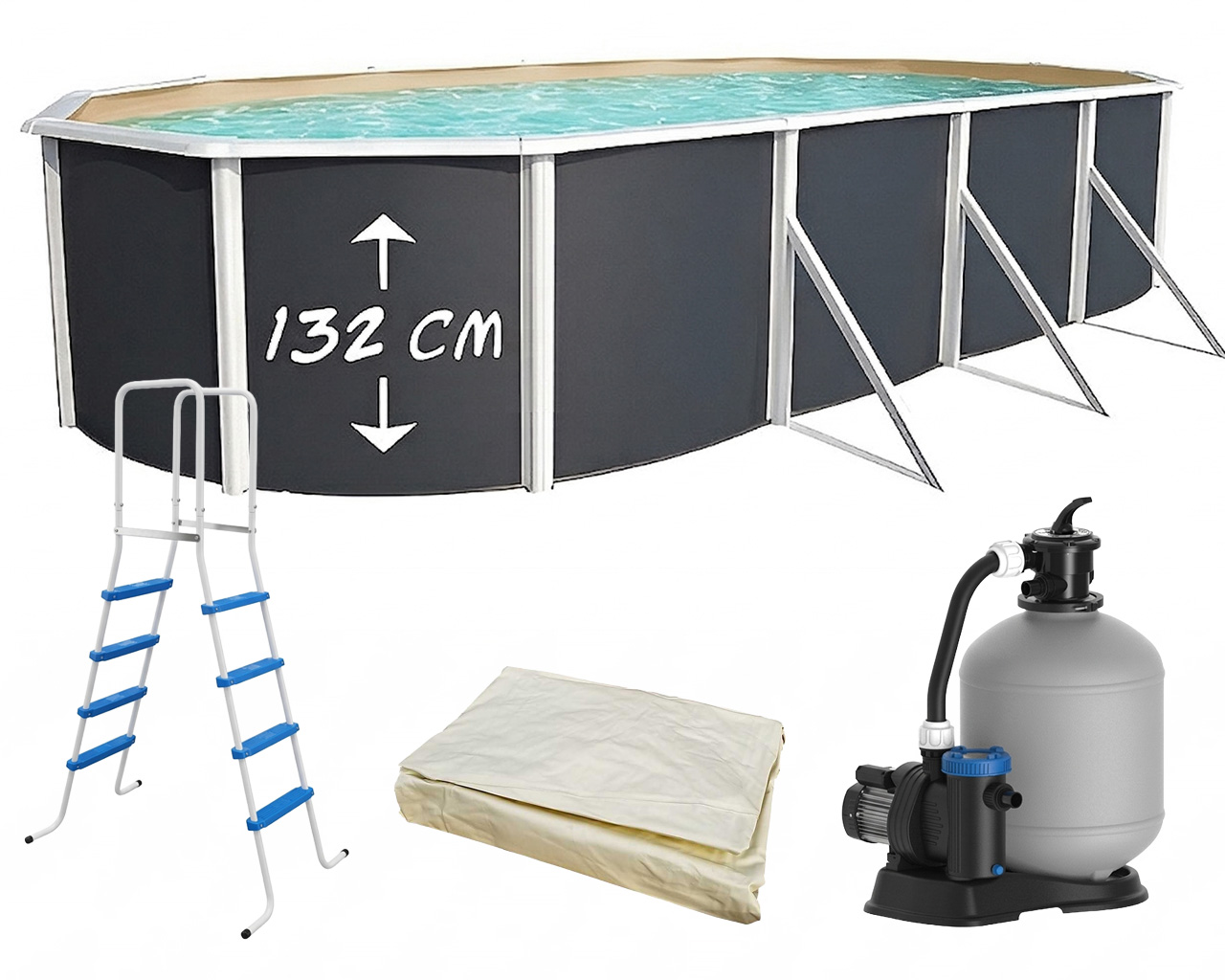 Piscine hors-sol acier Toi ANTHRACITE MAGNUM ovale 730 x 366cm H 132cm liner sable