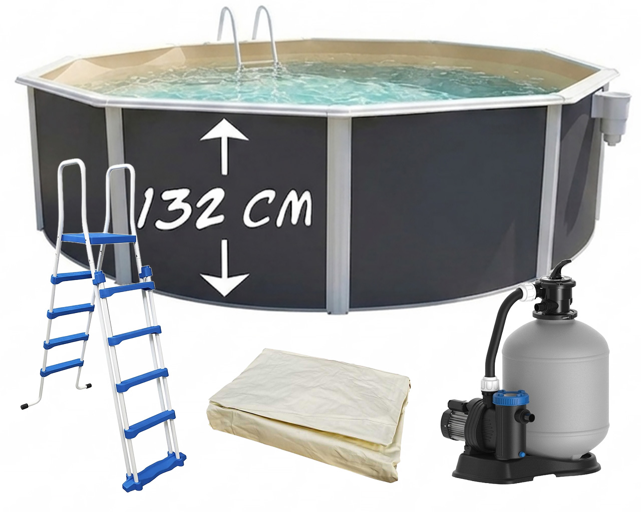 Piscine hors-sol acier Toi ANTHRACITE MAGNUM Secu ronde Ø 350cm H 132cm liner sable