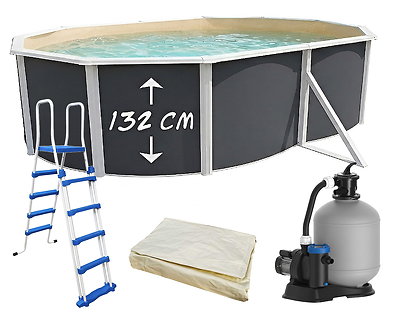 Piscine hors-sol acier Toi ANTHRACITE MAGNUM Secu ovale 550 x 366cm H 132cm liner sable