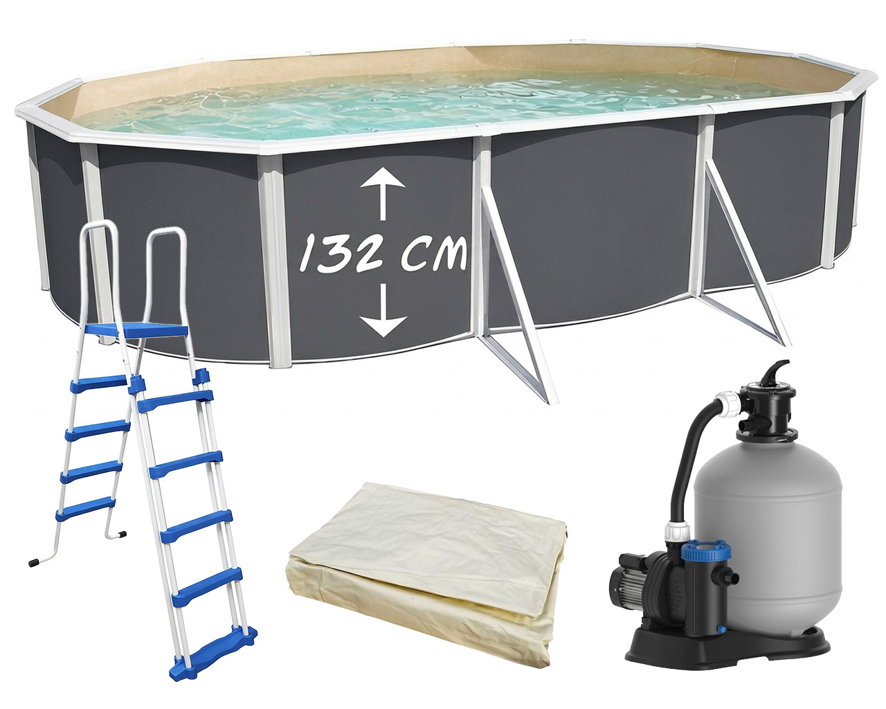 Piscine hors-sol acier Toi ANTHRACITE MAGNUM Secu ovale 640 x 366cm H 132cm liner sable