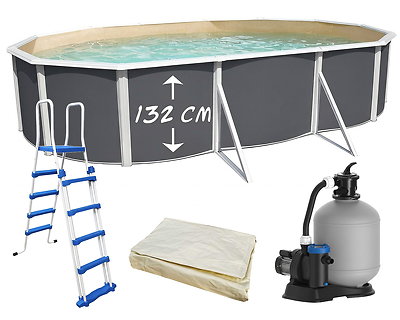 Piscine hors-sol acier Toi ANTHRACITE MAGNUM Secu ovale 640 x 366cm H 132cm liner sable