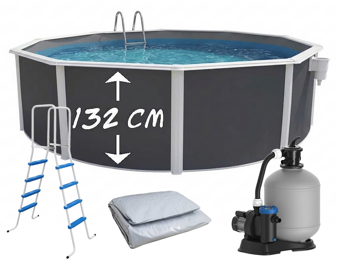 Piscine hors-sol acier Toi ANTHRACITE MAGNUM ronde Ø 550cm H 132cm liner gris