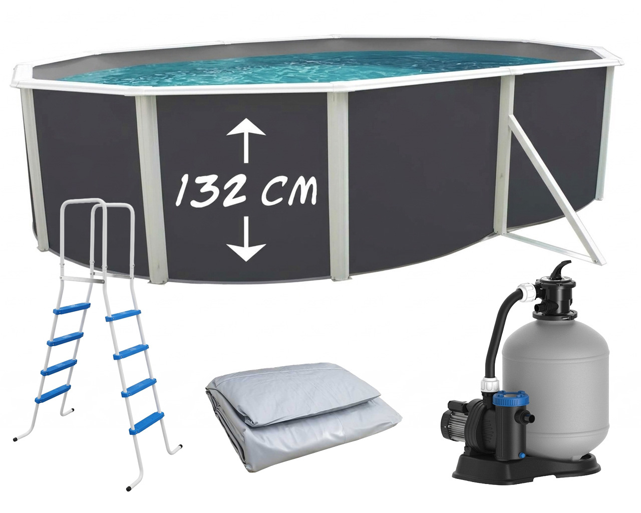 Piscine hors-sol acier Toi ANTHRACITE MAGNUM ovale 550 x 366cm H 132cm liner gris