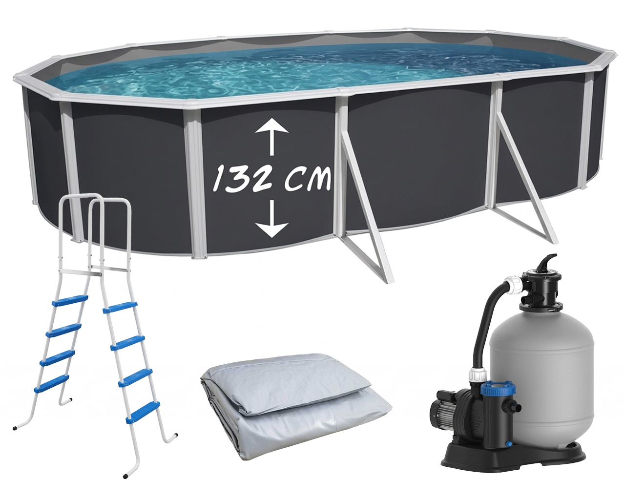 Piscine hors-sol acier Toi ANTHRACITE MAGNUM ovale 640 x 366cm H 132cm liner gris