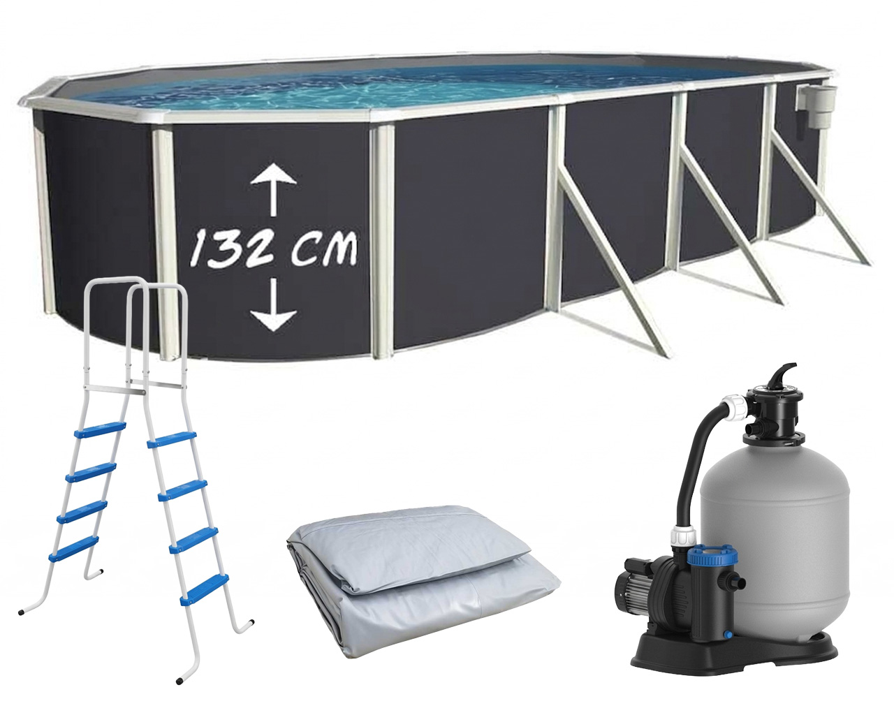 Piscine hors-sol acier Toi ANTHRACITE MAGNUM ovale 730 x 366cm H 132cm liner gris