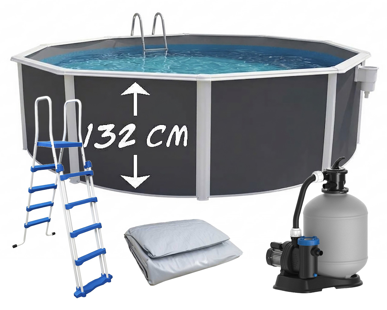 Piscine hors-sol acier Toi ANTHRACITE MAGNUM Secu ronde Ø 460cm H 132cm liner gris