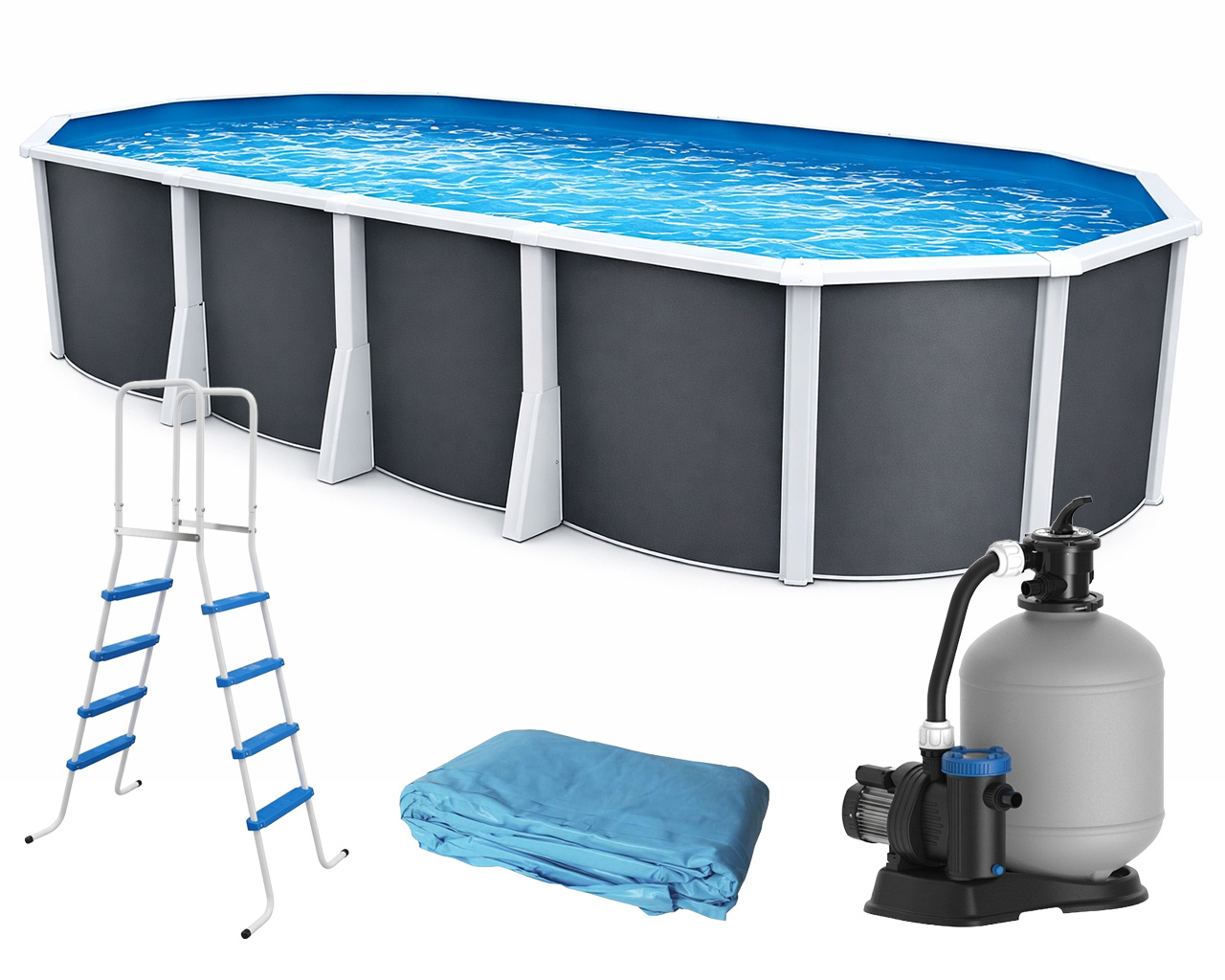 Piscine hors-sol acier Toi ANTHRACITE IBIZA ovale 915 x 457cm H 132cm liner bleu