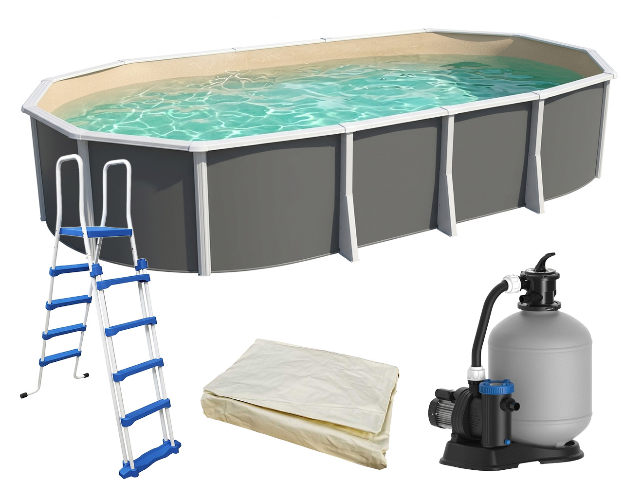 Piscine hors-sol acier Toi IBIZA ANTHRACITE Secu ovale 915x457X132cm liner sable